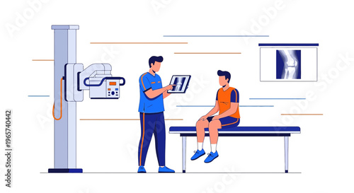Doctor Shows X-ray to Patient in Medical Clinic, Knee Injury Diagnosis