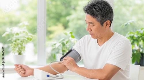 血圧測定をする中年男性 生活習慣病と健康チェック