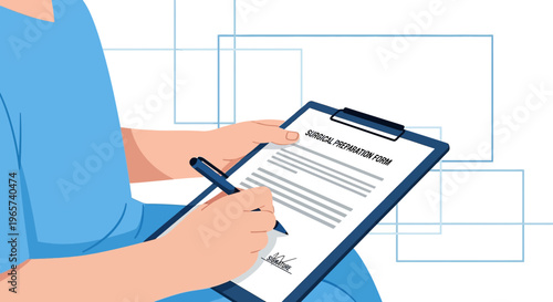 Doctor Signing Surgical Preparation Form on Clipboard, Medical Document, Healthcare Concept
