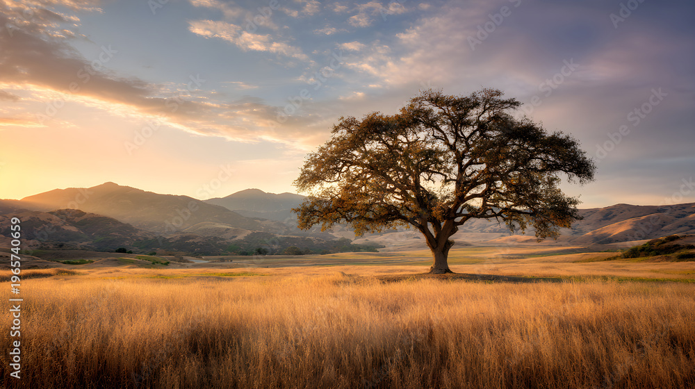 Obraz premium Solitary oak tree standing in golden sunset landscape
