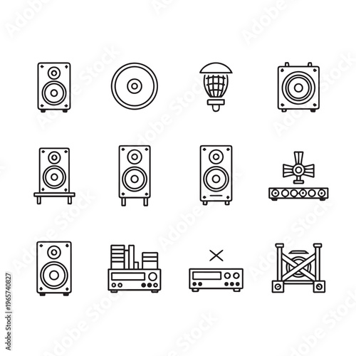 Audio Equipment Icons: Speakers Amplifiers CD Player Turntable Mixer for Sound System Design