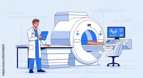 Doctor with Tablet in MRI Scan Room with Patient's Arm Inside Machine