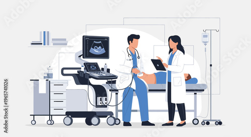 Doctors performing ultrasound examination on patient in modern medical clinic
