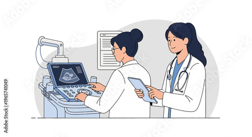 Doctors performing ultrasound examination on pregnant woman, modern medical technology