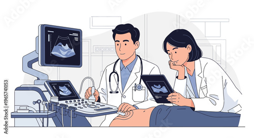 Doctors performing ultrasound examination on patient, medical technology and healthcare concept