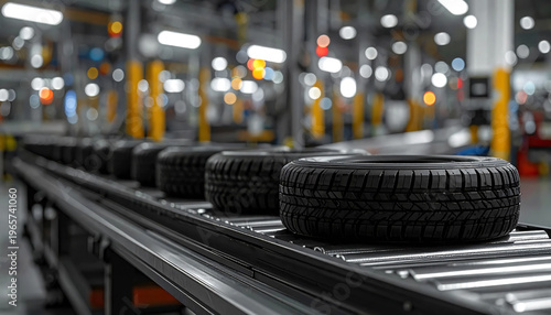 Automotive tires moving on production line in modern manufacturing factory.