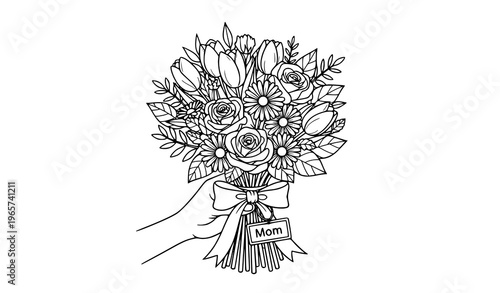 Mothers Day flower bouquet coloring page with roses tulips and ribbon for kids and adults