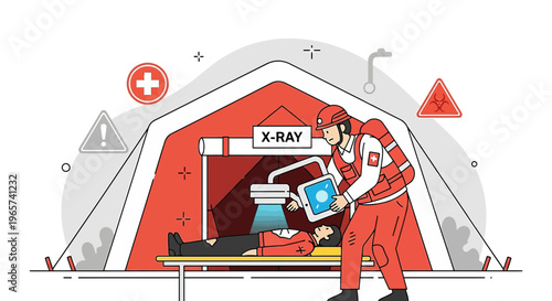 Emergency X-Ray Tent: Medical Professional Performs Scan on Patient on Stretcher