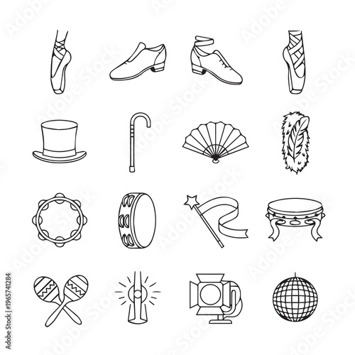 Ballet & Performance Accessories Collection Hand-Drawn Icons Theatrical Elements Isolated on White Artistic Doodle Style