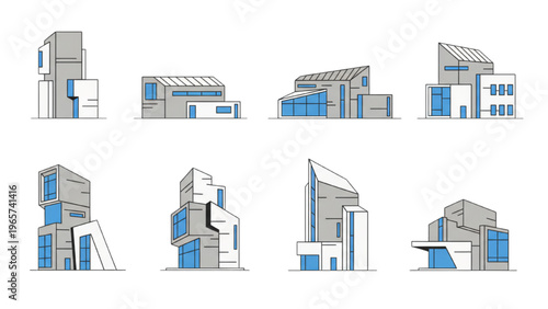Contemporary architectural buildings set with geometric modern designs