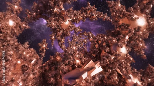 Vibrant fractal scene with purple background and warm glowing lights