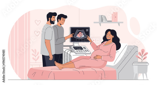 Gay couple and pregnant woman viewing ultrasound, expecting parents, family planning, modern family