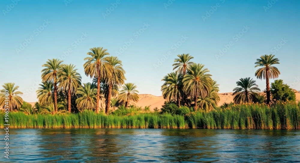 Obraz premium Scenic landscape of a river with palm trees, reeds, and a desert backdrop under a clear sky