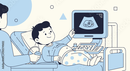 Happy Boy Watching Ultrasound Scan of Baby in Womb with Doctor
