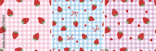 Seamless pastel gingham patterns with strawberries and hearts. Cute seamless pattern set featuring red strawberries, small hearts, and bows on pastel gingham backgrounds in pink, blue, an