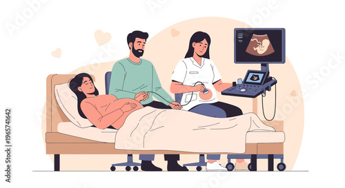 Happy Couple Expecting Baby, Ultrasound Scan with Doctor and Nurse