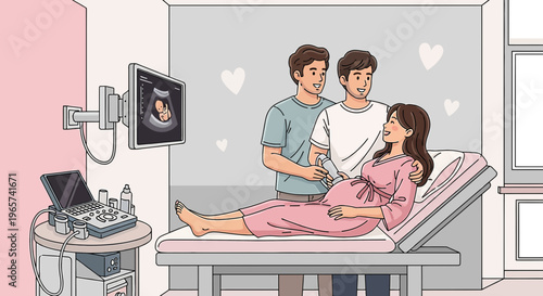 Happy gay couple with pregnant woman during ultrasound in clinic, expecting parents joy