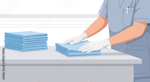 Healthcare Worker Folding Blue Medical Cloths for Surgery or Examination