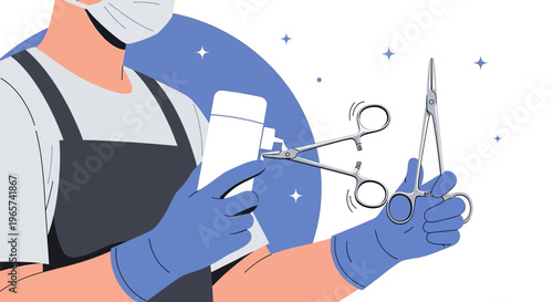 Healthcare worker in mask and gloves sterilizing surgical instruments