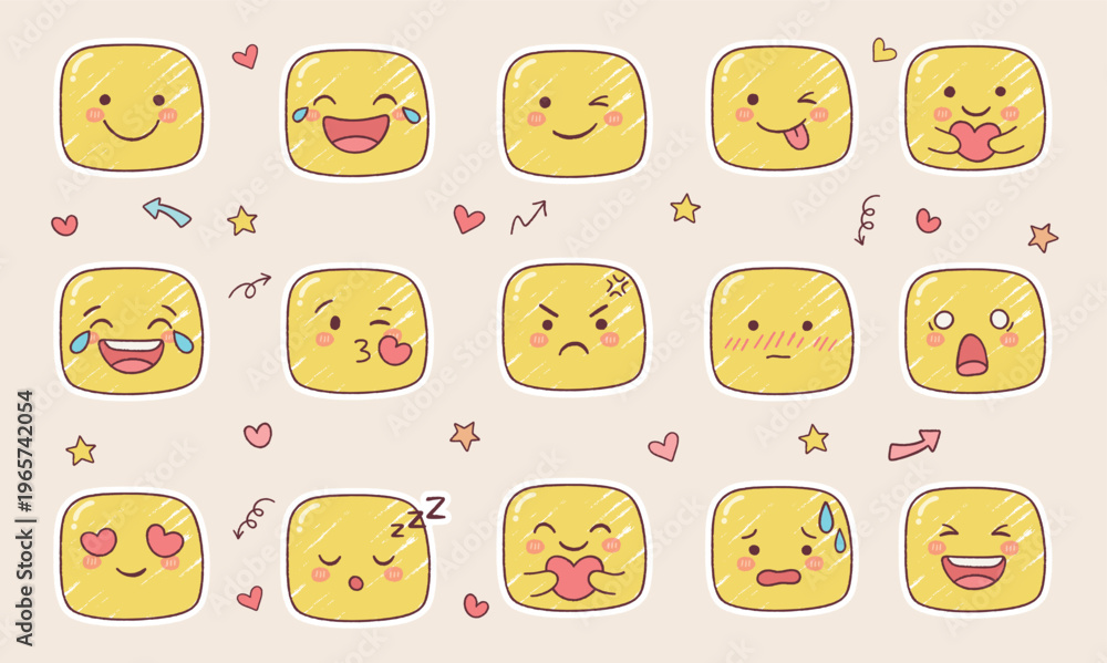 Fototapeta premium A collection of cute kawaii emoji stickers featuring a variety of facial expressions such as happy, sad, love, angry, surprised, sleepy, and playful. Hand-drawn cartoon style with soft pastel colors.