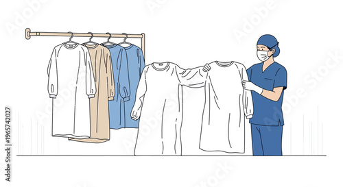 Healthcare Worker Inspects Surgical Gowns on Rack for Sterility and Cleanliness