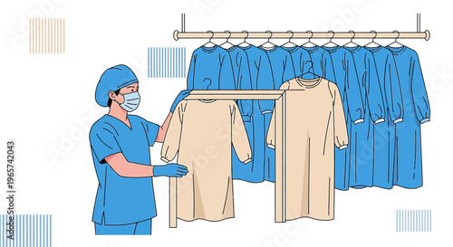 Healthcare worker in scrubs and mask hanging protective gowns on rack
