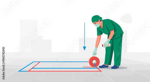 Healthcare worker marking social distancing lines on floor with tape for safety