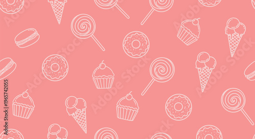 Seamless pattern with outlined sweet desserts, lollipops, donuts, cupcakes, and ice cream on light pink background.
