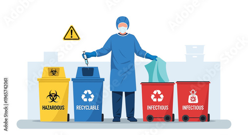 Healthcare worker sorts medical waste into hazardous, recyclable, and infectious bins.
