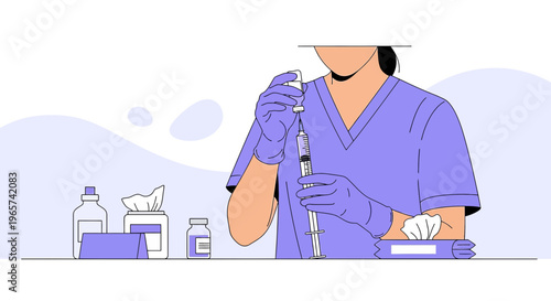 Healthcare worker preparing syringe for injection, medical supplies on table