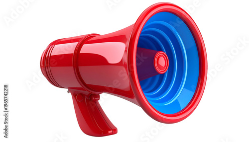 Glossy, red megaphone with blue interior, ready to amplify sound, against black background