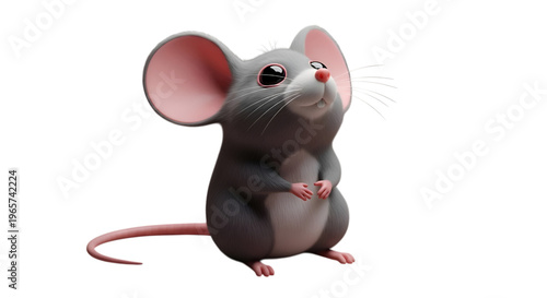 Cartoon mouse with large ears and pink nose on black background