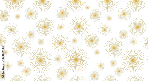 Golden sunburst pattern seamless background with yellow centers and white backdrop elegant abstract rays graphic design simple decoration.