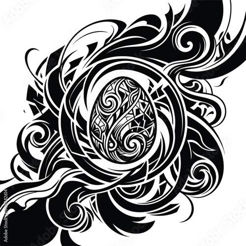 Black and white tribal manner egg layout with intricate swirling patterns, a highly elaborate illustration illustration with specialized structure.