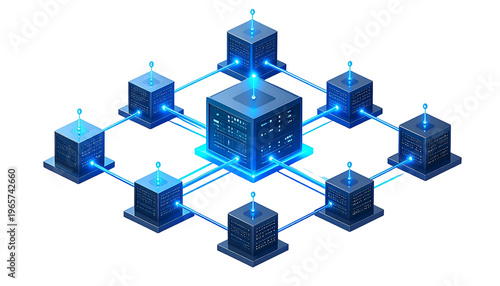 Isometric illustration of interconnected data server cubes with glowing blue lines