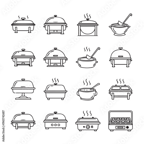 Chafing Dishes and Food Warmers Collection Various Styles Outline Icons Minimalist Graphic