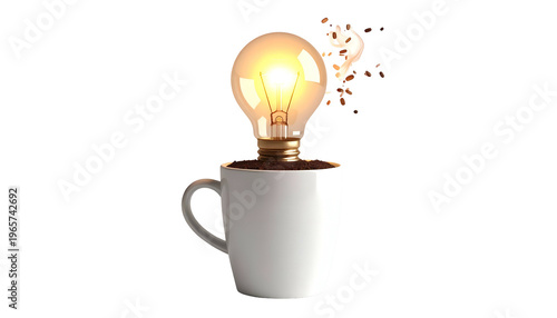 A lit lightbulb sits atop a coffee mug with coffee grounds, sparks fly, black background