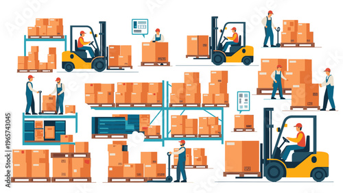 Warehouse Logistics and Delivery Operations Vector Illustration with Forklifts, Pallets, and Boxes for E-commerce and Supply Chain Management