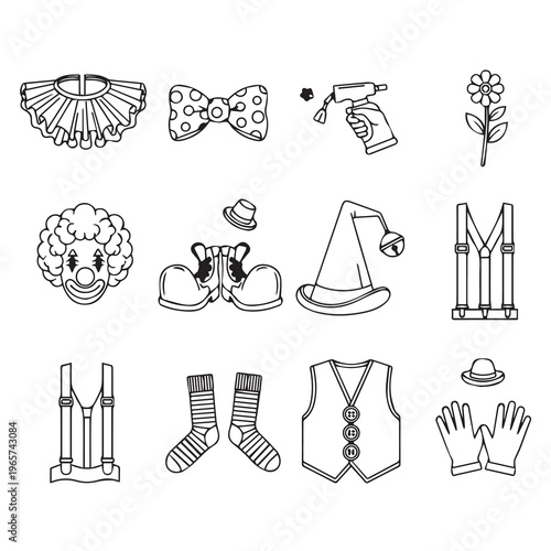 Clown Costume Elements Collection Detailed Line Art Isolated on White Graphic Design Assets