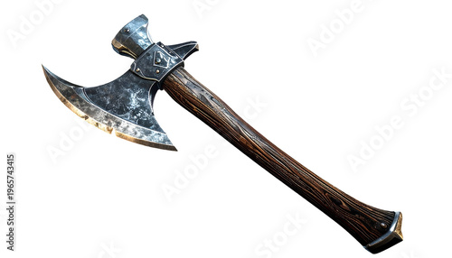Metallic, medieval-style battleaxe with wooden handle against a black background