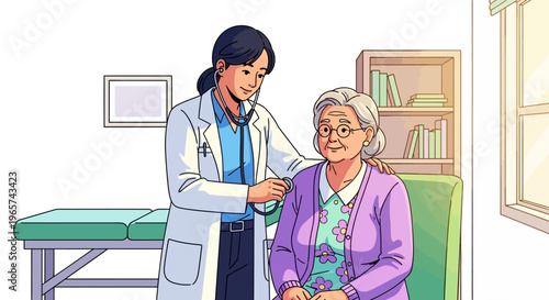 Doctor Comforting Elderly Patient in Bright Office