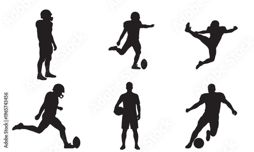 Collection of diverse American football player silhouettes in various dynamic poses, capturing the intensity and athleticism of the sport on a white background.
