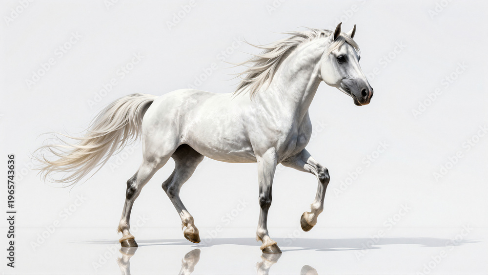 Obraz premium Majestic White Arabian Horse Galloping Gracefully on a White Background with Reflection