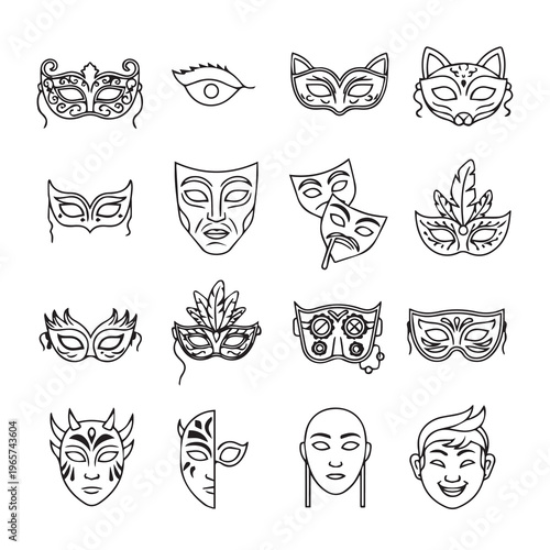 Collection of Decorative Masquerade Masks and Face Illustrations Outline Graphics