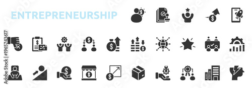 Entrepreneurship icon set glyph style with legislation, success, sales, startup, failure, business plan, team building, crowd funding, capital, founder icons