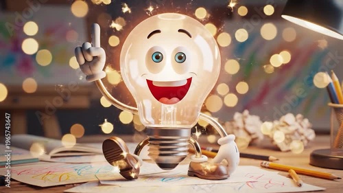 A cheerful cartoon lightbulb character with a bright idea, sitting at a desk with art supplies and drawings
