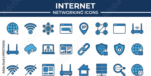 Blue internet networking icons set featuring global web connection wifi router cloud storage firewall security and data server isolated on white