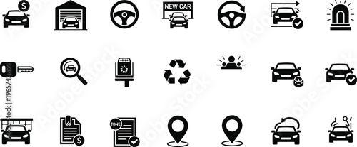 Black car service icons set featuring dealership sales rental garage steering wheel keys and GPS location tracking isolated on white background