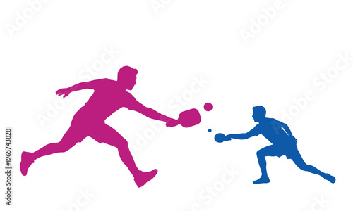 Dynamic silhouettes of two people playing pickleball, one lunging forward to hit the ball, capturing the fast-paced action and competitive spirit of the game.