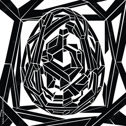 Proficient layout featuring conceptual geometric computerized graphic in stark black and white, intricate fragmented forms.